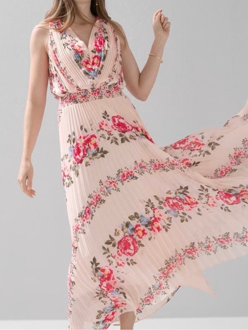 WHBM Floral Pleated Midi Dress – Romantic Blush Pink High-Low Hem Size 14 (NWOT)